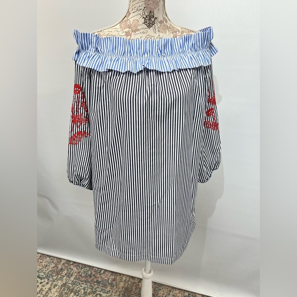 ROMEO AND JULIETTE COUTURE Navy and white stripe off shoulder mini dress size M - Picture 7 of 12